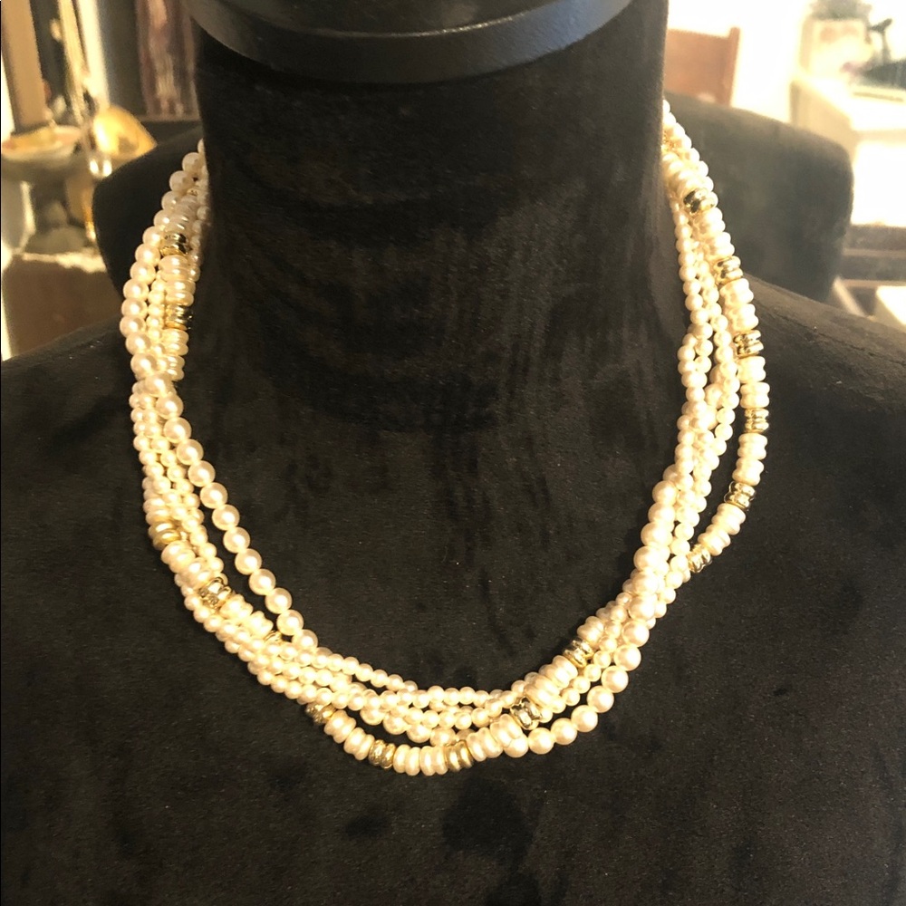 Multi-Strand Ivory Pearl Necklace with Gold Accents